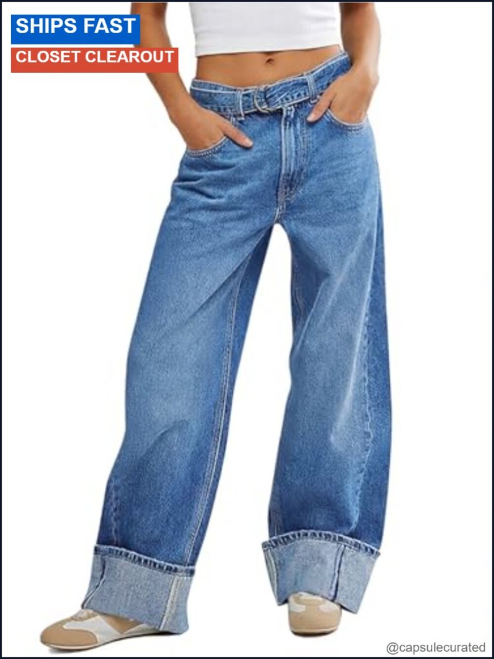High Waisted Wide Leg Cuffed Jeans Baggy Denim Pants